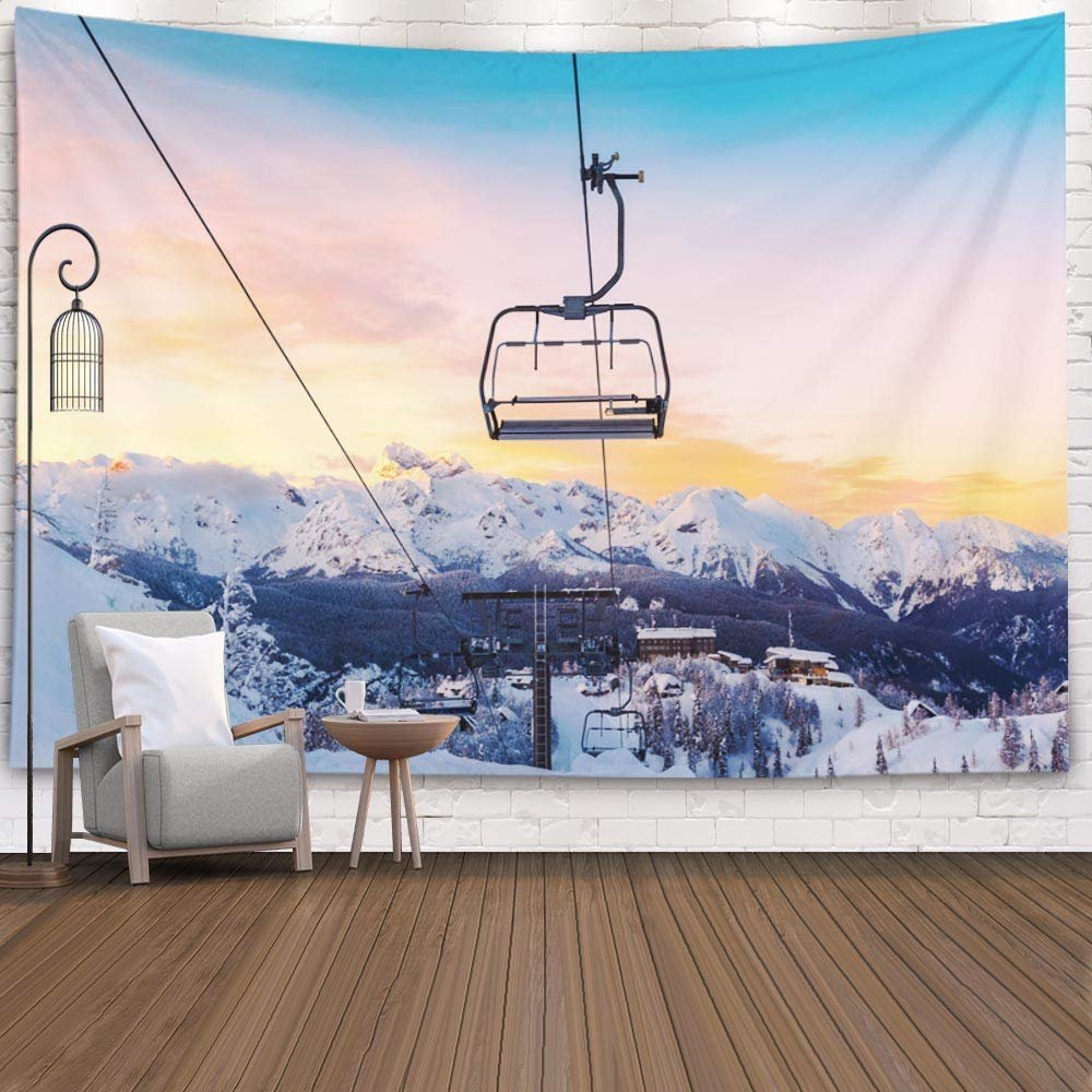 Shorping Boho Tapestry, Tapestry 60X60Inches Christmas Tapestry Winter Wall Tapestry Mountain Tapestry for Home Room Dorm Tapestry Mountains Panorama with Ski Slopes and Lifts Near Vogel Center