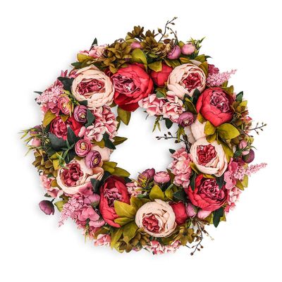 BOMAROLAN Artificial Peony Flower Wreath 19Inch Vintage Blooming Silk Peonies Spring Summer Fall Winter Large Wreaths Flower Green Leaves for Outdoor Front Door Indoor Wedding Wall Or Window Dcor