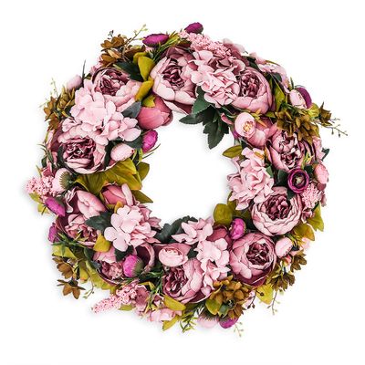 BOMAROLAN Artificial Peony Flower Wreath 19Inch Vintage Blooming Silk Peonies Spring Summer Fall Winter Large Wreaths Flower Green Leaves for Outdoor Front Door Indoor Wedding Wall Or Window Dcor