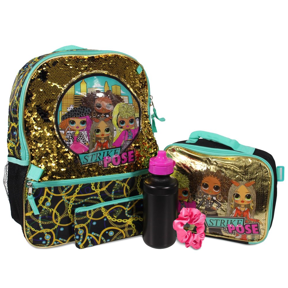 L.O.L. Surprise 5 Piece Backpack Set for Girls, O.M.G. Brush Glitter Sequin 16" School Bag, Black and Gold