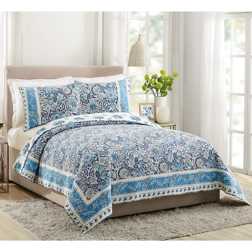 Dena Home Bisou Floral Quilt and 2 Shams, 3-Piece Reversible All Seasons 100% Cotton Quilt Set, Lightweight Coverlet Set - King Size