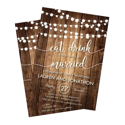Rustic Engagement Invitation | Eat Drink Soon to Be Married | Engagement Party | String Lights | Wood | Country | Engagement Invites