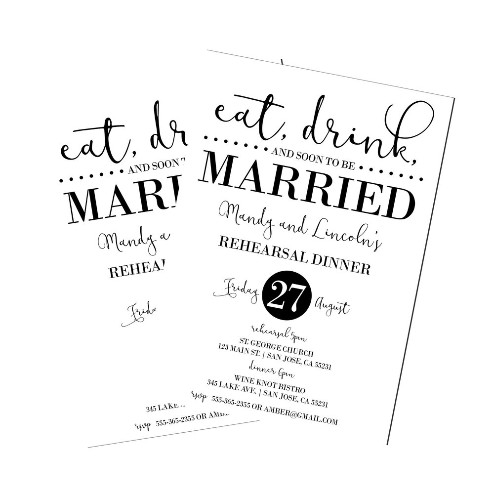 Rehearsal Dinner Invitations | Rehearsal Invites | Eat, Drink and Soon to Be Married | Wedding Rehearsal Dinner | Black and White Invites