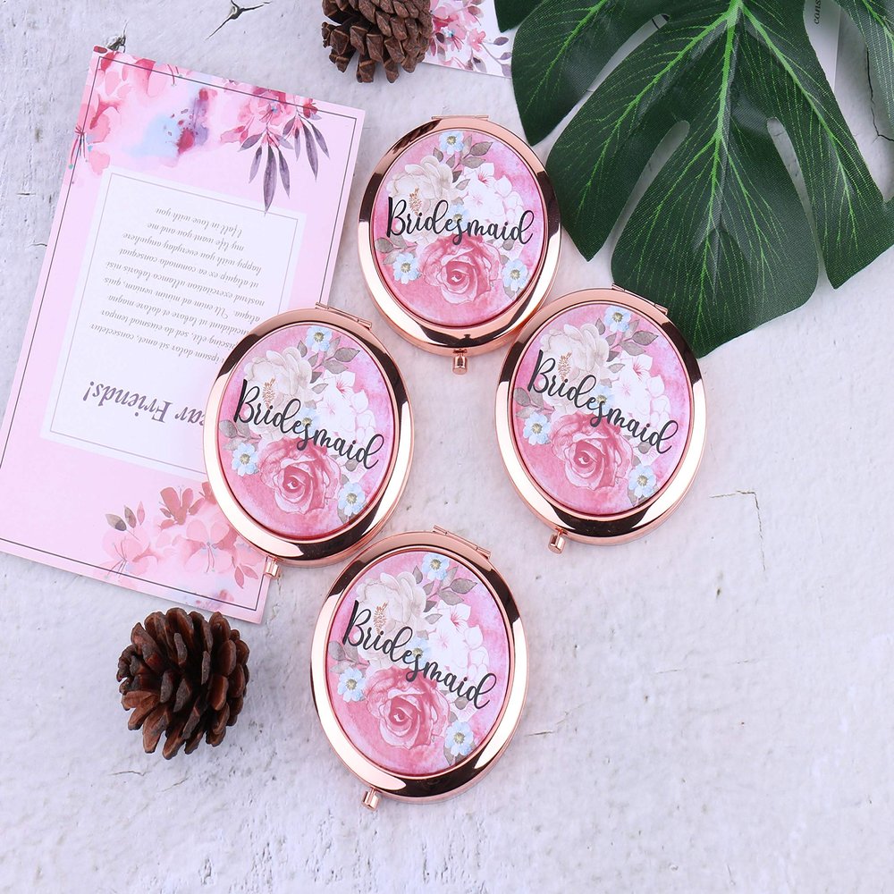 Bridesmaid Gifts Rose Gold Floral Pocket Mirrors For Bridal Party Wedding Favors Mother of Bride Maid of Honor (Set 3)