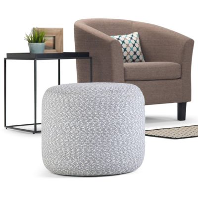 Misc Transitional Round Braided Pouf in Blue Natural Cotton Abstract Modern Contemporary Pattern
