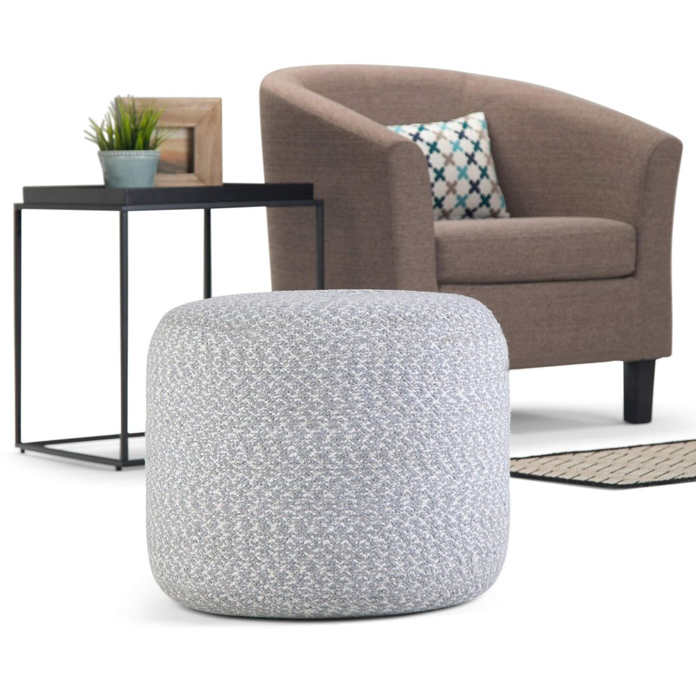 Misc Transitional Round Braided Pouf in Blue Natural Cotton Abstract Modern Contemporary Pattern
