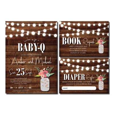 Baby-Q Shower Invitations | Baby-Q Invitations | Baby Q | String Lights | Couples Baby Shower | Baby BBQ | BabyQ Invitation | Mason Jar