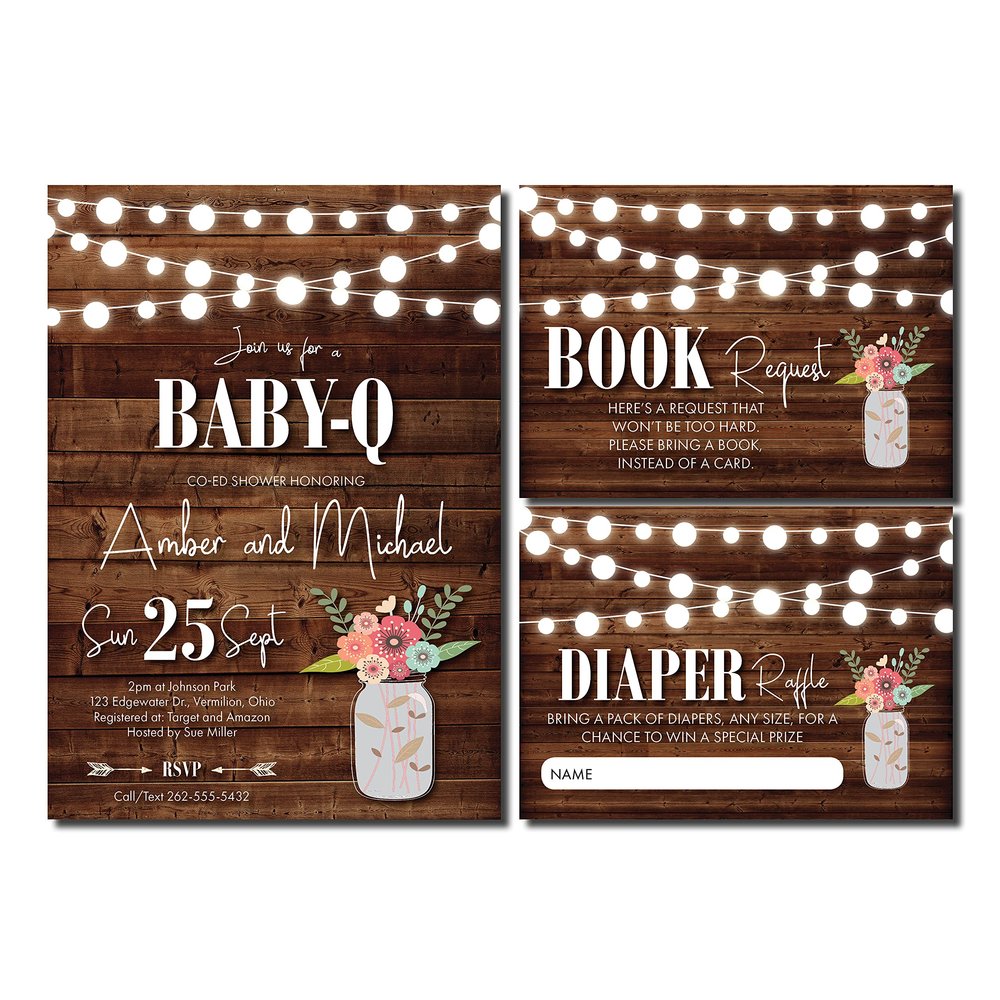 Baby-Q Shower Invitations | Baby-Q Invitations | Baby Q | String Lights | Couples Baby Shower | Baby BBQ | BabyQ Invitation | Mason Jar