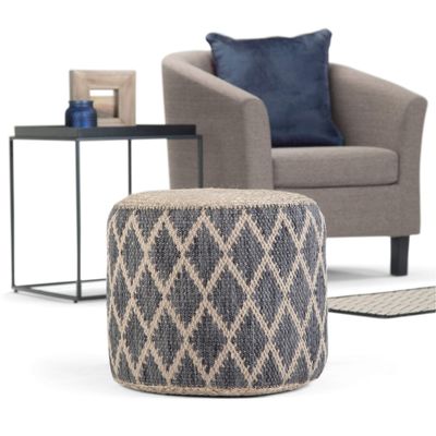 Misc Round Pouf in Grey/Natural Woven Braided Jute Grey Geometric Bohemian Eclectic Pattern Upholstered Handmade