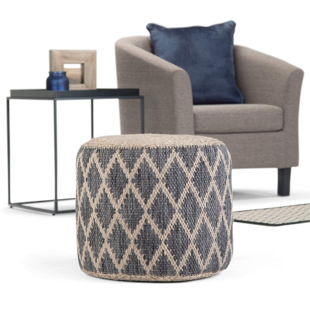 Misc Round Pouf in Grey/Natural Woven Braided Jute Grey Geometric Bohemian Eclectic Pattern Upholstered Handmade