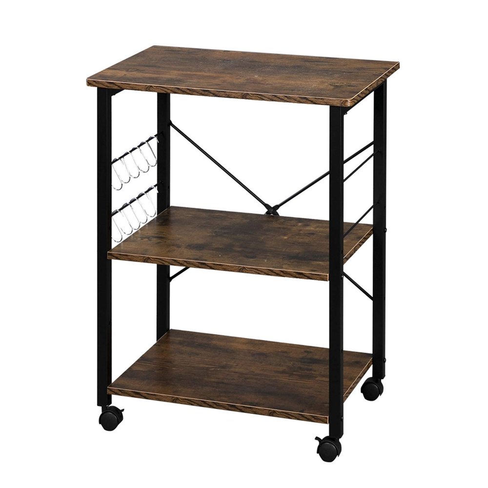 Kcelarec Industrial 3-Tier Rolling Serving Cart with Storage, Microwave Cart for Kitchen, Brown
