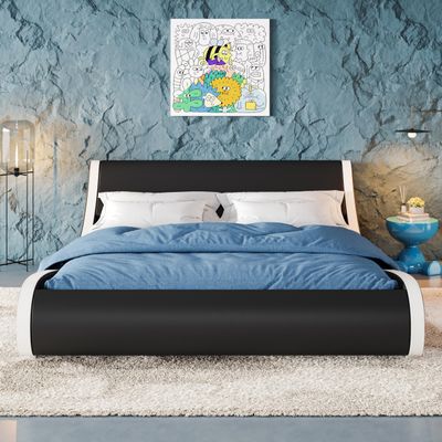 Allewie Upholstered Queen Size Platform Bed Frame Modern Low Profile Sleigh Bed with Faux Leather Headboard, Easy Assembly, No Box Spring Needed, Black and White