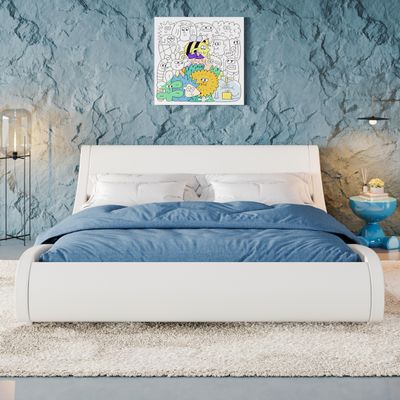 Allewie Upholstered Queen Size Platform Bed Frame Modern Low Profile Sleigh Bed with Faux Leather Adjustable Headboard, Wood Slat Support, Easy Assembly, No Box Spring Needed, White