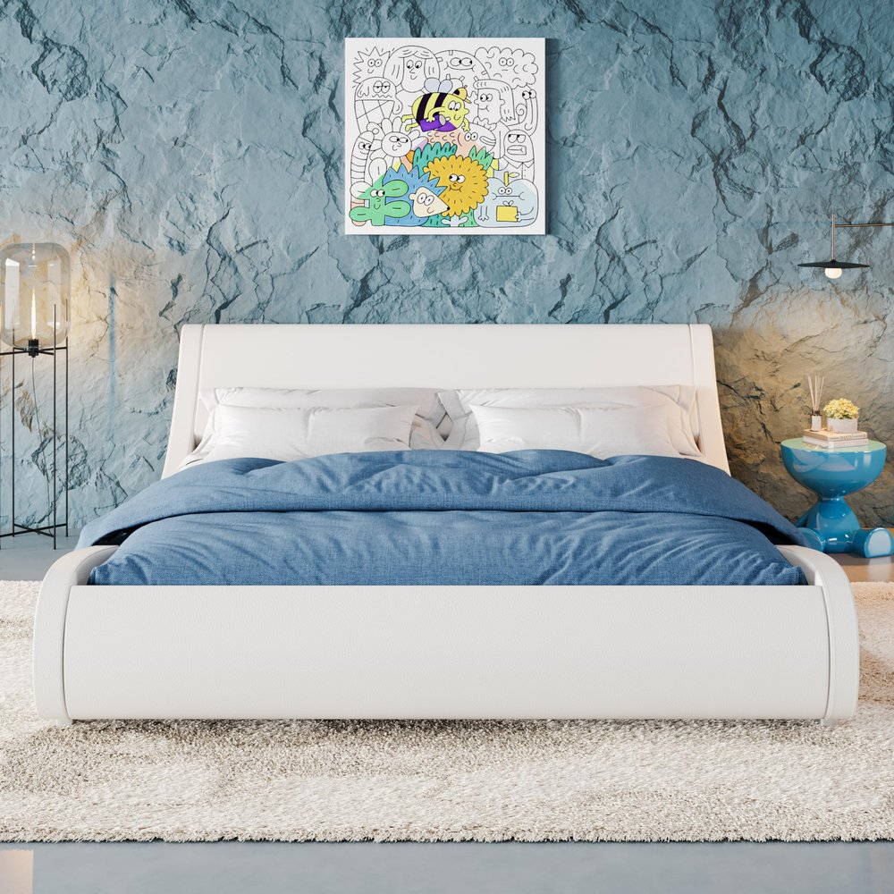 Allewie Upholstered Queen Size Platform Bed Frame Modern Low Profile Sleigh Bed with Faux Leather Adjustable Headboard, Wood Slat Support, Easy Assembly, No Box Spring Needed, White