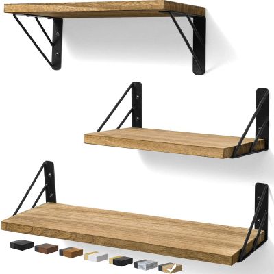 BAYKA Wall Shelves for Bedroom Decor, Floating Wall Shelves for Living Room Kitchen Storage, Wall Mounted Rustic Wood Floating Shelves for Kids Books, Corner Shelves for Bathroom(BrownSet of 3)
