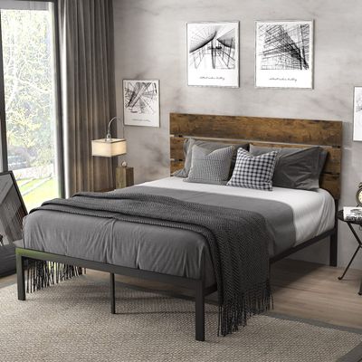Allewie Queen Size Platform Bed Frame with Wooden Headboard and Metal Slats,Rustic Country Style Mattress Foundation,Box Spring Optional, Dark Brown