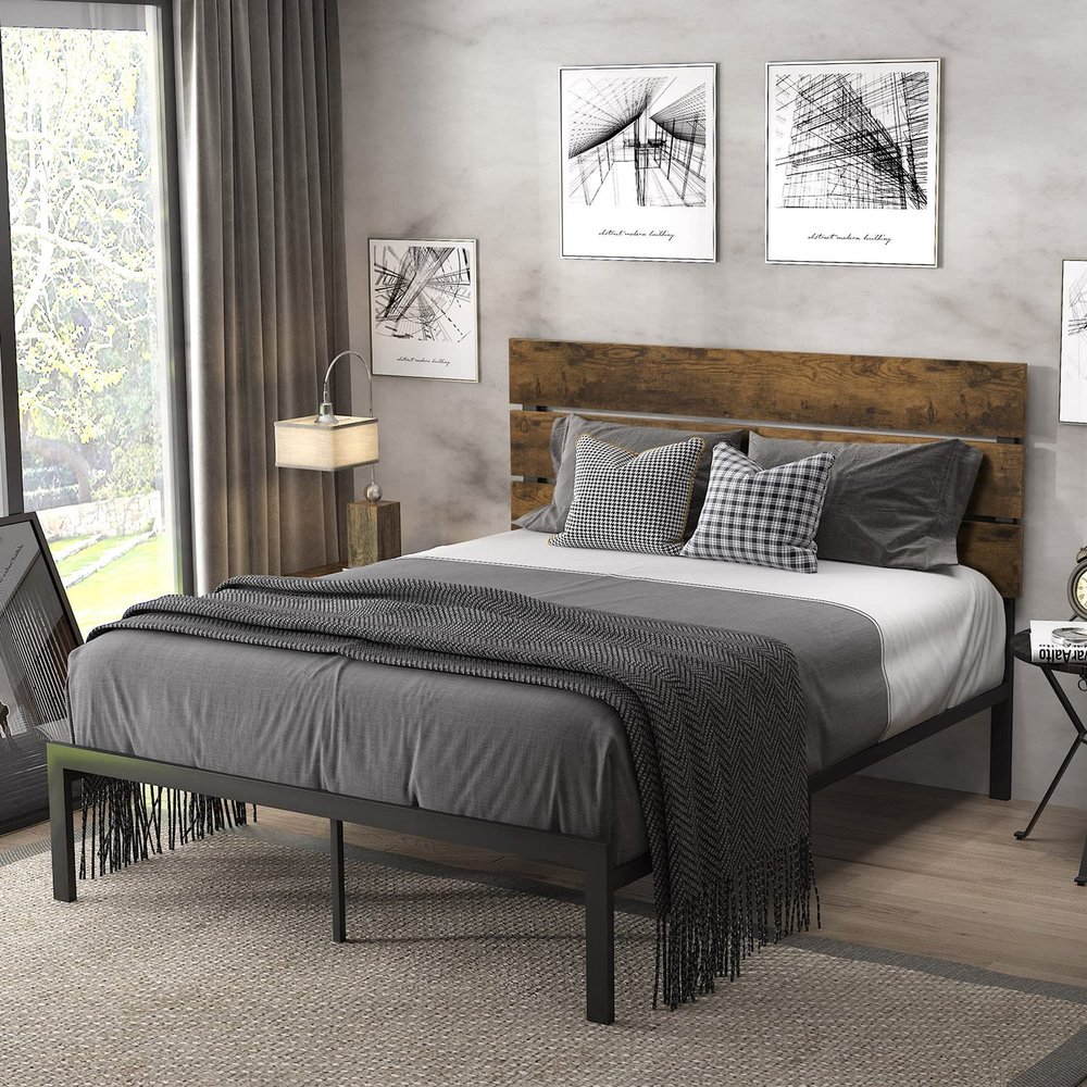 Allewie Queen Size Platform Bed Frame with Wooden Headboard and Metal Slats,Rustic Country Style Mattress Foundation,Box Spring Optional, Dark Brown