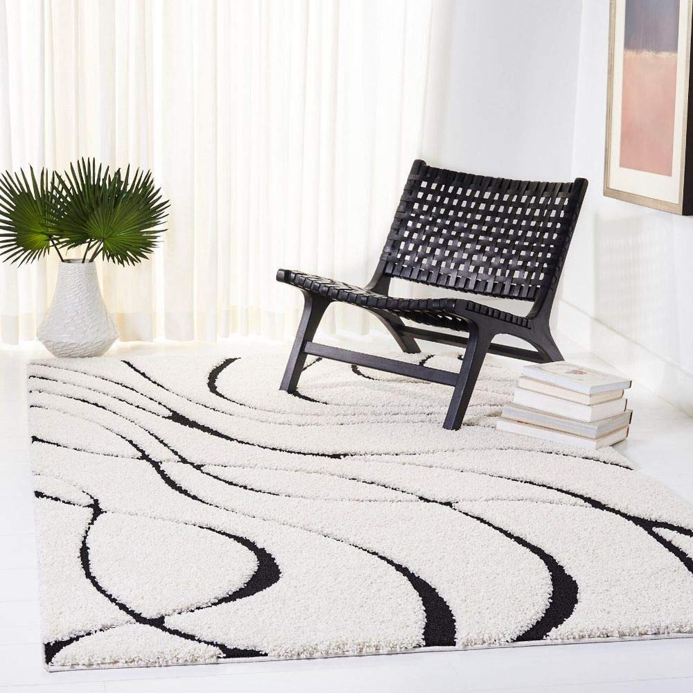 SAFAVIEH Florida Shag Collection Accent Rug - 3'3" x 5'3", Ivory & Black, Non-Shedding & Easy Care, 1.2-inch Thick Ideal for High Traffic Areas in Entryway, Living Room, Bedroom (SG471-1290)