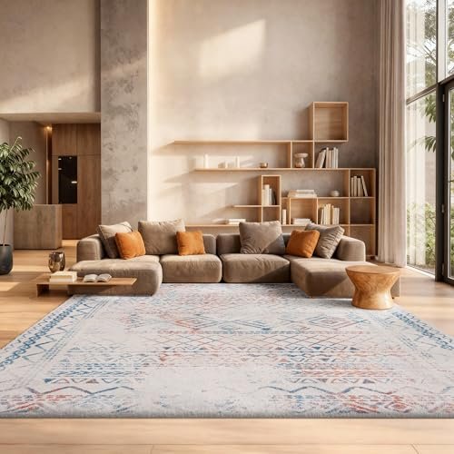 SAFAVIEH Area Rug 8x10 - Tulum Collection - Large - Ivory & Turquoise, Moroccan Boho Distressed Design, Non-Shedding & Easy to Clean, Ideal for Living Room, Bedroom, Dining Space (TUL268M)