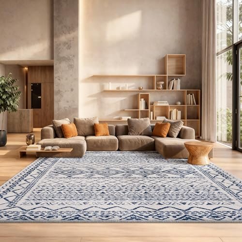 SAFAVIEH Area Rug 8x10 - Tulum Collection - Large - Ivory & Navy, Moroccan Boho Distressed Design, Non-Shedding & Easy to Clean, Ideal for Living Room, Bedroom, Dining Space (TUL268C)