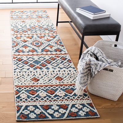 SAFAVIEH Aspen Collection Runner Rug - 2'3" x 9', Blue & Orange, Handmade Moroccan Boho Wool, Ideal for High Traffic Areas in Living Room, Bedroom (APN530M)
