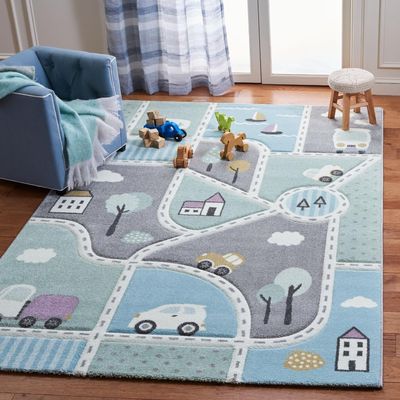 SAFAVIEH Carousel Kids Collection Accent Rug - 4' x 6', Grey & Light Blue, Non-Shedding & Easy Care, Ideal for High Traffic Areas for Boys & Girls in Playroom, Nursery, Bedroom (CRK193F)