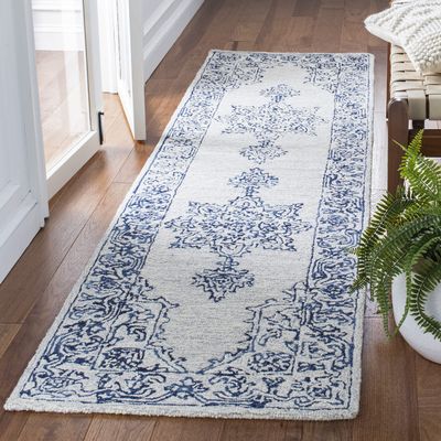 SAFAVIEH Micro-Loop Collection Runner Rug - 2'3" x 9', Ivory & Blue, Handmade Oriental Medallion Wool, Ideal for High Traffic Areas in Living Room, Bedroom (MLP614A)