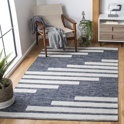 SAFAVIEH Striped Kilim Collection 4' x 6' Navy/Ivory STK514N Handmade Flatweave Cotton Area Rug