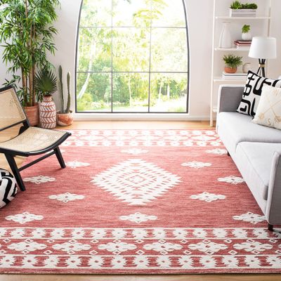 SAFAVIEH Aspen Collection Area Rug - 7' Square, Rust & Ivory, Handmade Moroccan Boho Tribal Wool, Ideal for High Traffic Areas in Living Room, Bedroom (APN550P)