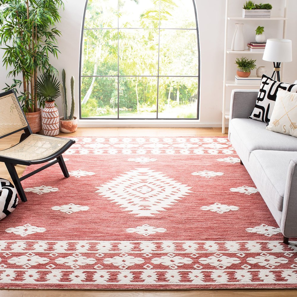 SAFAVIEH Aspen Collection Area Rug - 7' Square, Rust & Ivory, Handmade Moroccan Boho Tribal Wool, Ideal for High Traffic Areas in Living Room, Bedroom (APN550P)