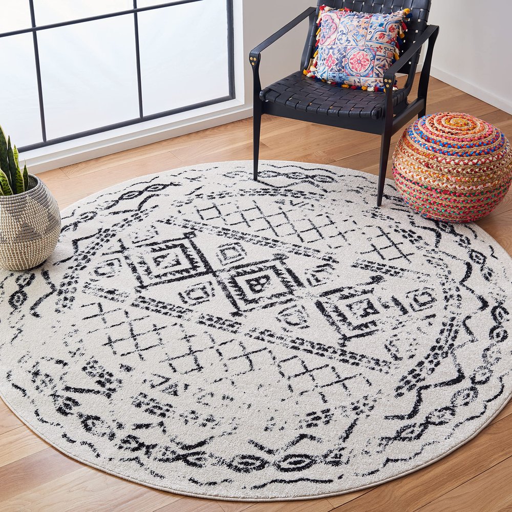 SAFAVIEH Tulum Collection Area Rug - 6'7" Round, Ivory & Black, Moroccan Boho Distressed Design, Non-Shedding & Easy to Clean, Ideal for Living Room, Bedroom, Dining Space (TUL268D)