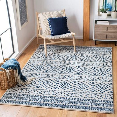 SAFAVIEH Tulum Collection Area Rug - 6'7" Square, Ivory & Navy, Moroccan Boho Distressed Design, Non-Shedding & Easy to Clean, Ideal for Living Room, Bedroom, Dining Space (TUL267C)