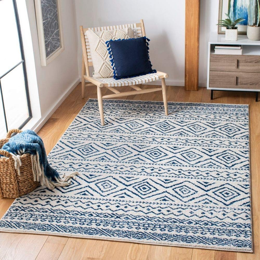 SAFAVIEH Tulum Collection Area Rug - 6'7" Square, Ivory & Navy, Moroccan Boho Distressed Design, Non-Shedding & Easy to Clean, Ideal for Living Room, Bedroom, Dining Space (TUL267C)