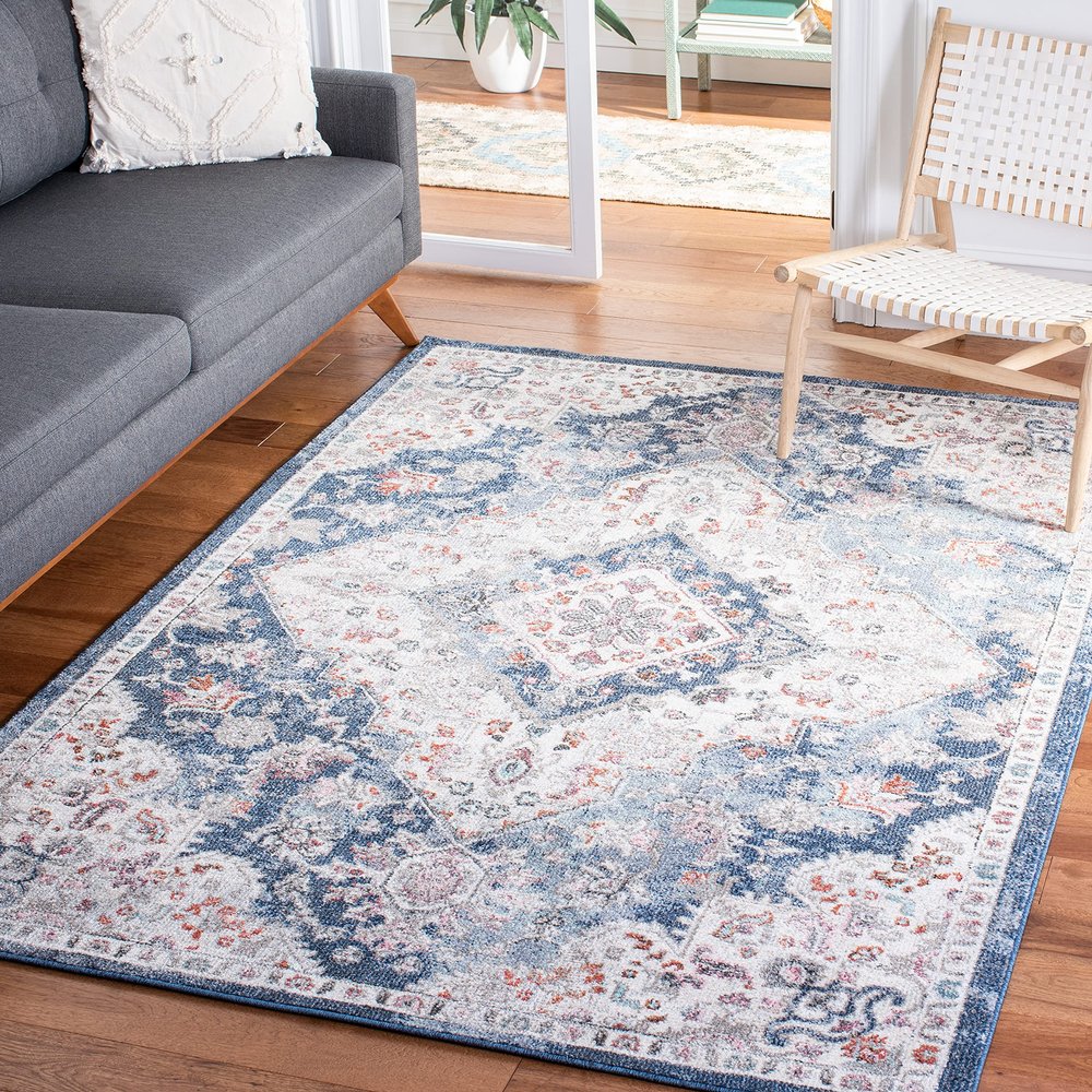 SAFAVIEH Area Rug 8x10 - Phoenix Collection - Large - Ivory & Blue, Boho Chic Oriental Medallion Design, Non-Shedding & Easy Cleaning, Ideal for Living Room, Bedroom, Office, Dining Space (PHX293B)