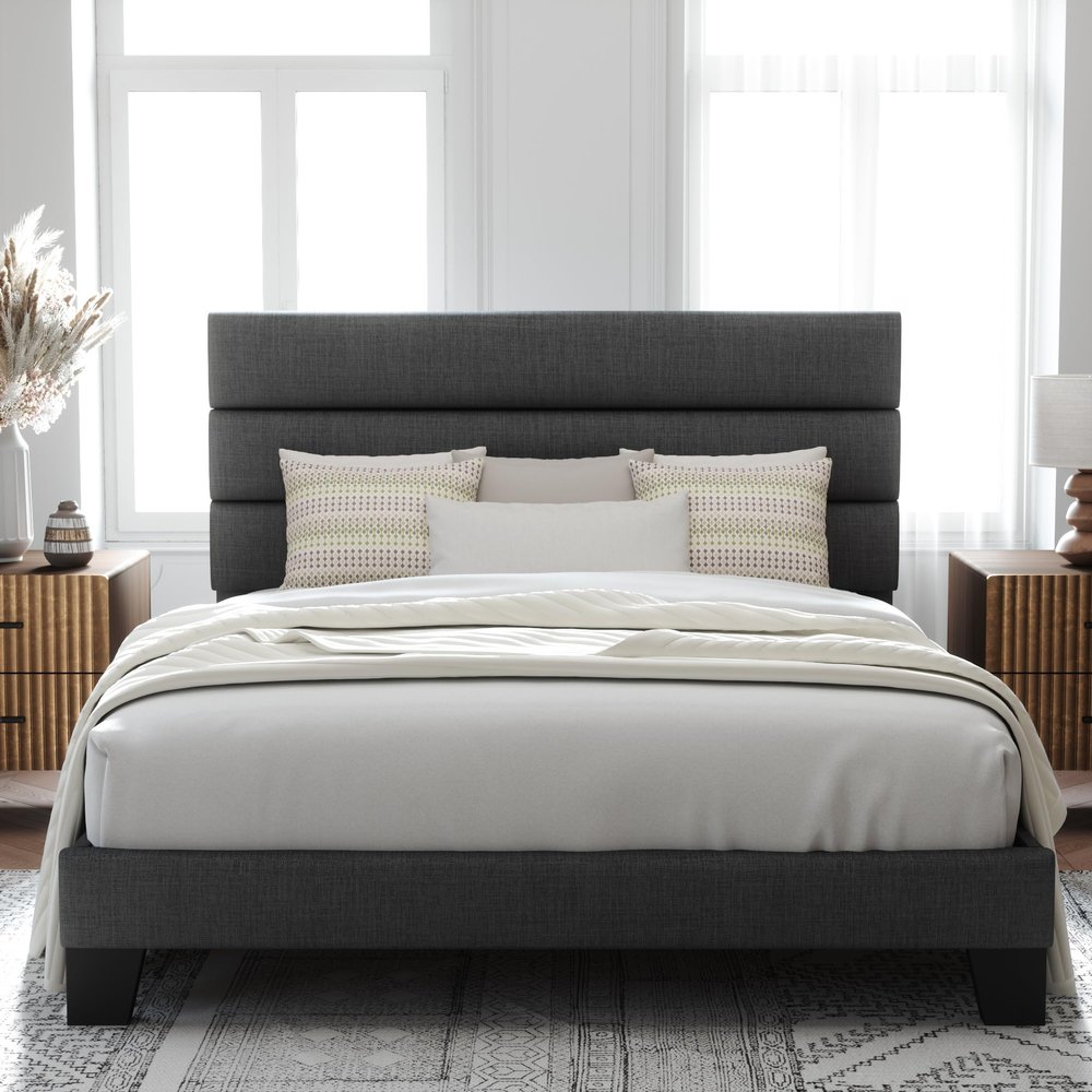 Allewie Full Size Platform Bed Frame with Fabric Upholstered Headboard and Wooden Slats Support, Fully Upholstered Mattress Foundation/No Box Spring Needed/Easy Assembly, Dark Grey
