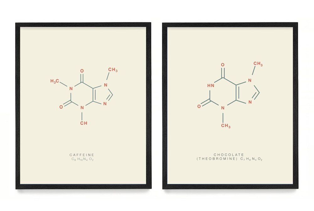 WUNDERKAMMER STUDIO - Caffeine & Chocolate Molecule Poster Print - Scientific Wall Art - House Home Dcor - Housewarming Gift - Set of 2 8x10 Framed Prints (Black)