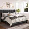 Allewie Queen Size Platform Bed Frame with Wingback, Fabric Upholstered Square Stitched Headboard and Wooden Slats, Mattress Foundation, Box Spring Optional, Easy Assembly, Dark Grey view 1