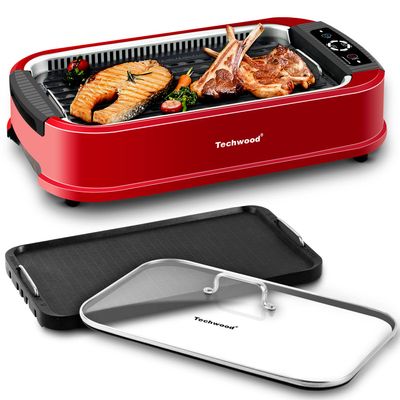 Indoor Smokeless Grill, Techwood 1500W Electric BBQ Grill with Temperature Control, Korean Grill Removable Non-Stick Grill & Griddle Plates, Tempered Glass Lid, Red