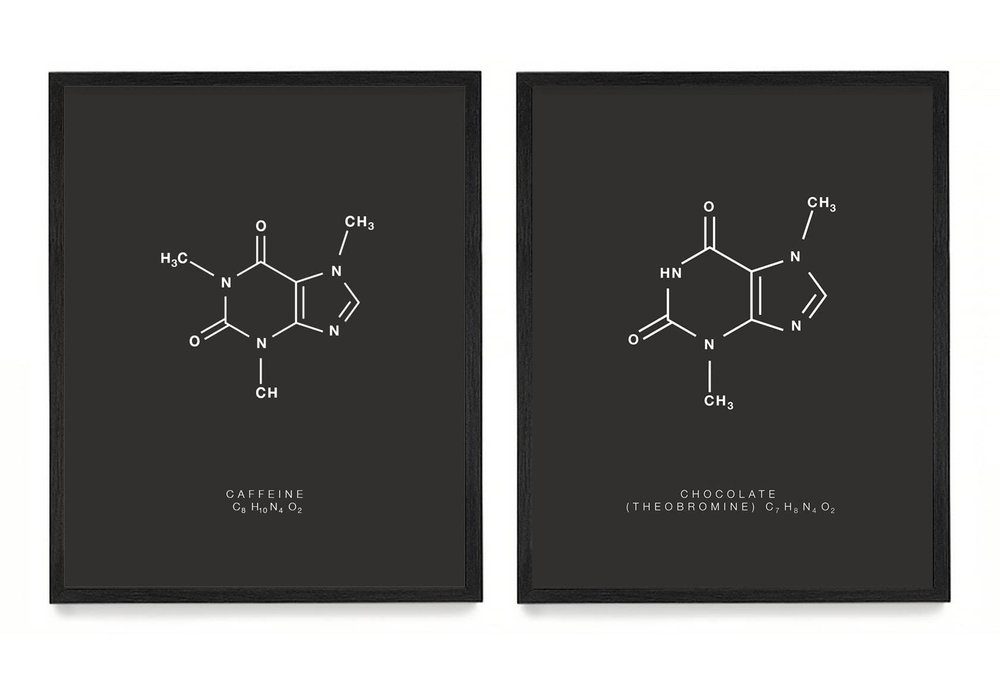 WUNDERKAMMER STUDIO - Caffeine & Chocolate Molecule Poster Print - Scientific Wall Art - House Home Dcor - Housewarming Gift - Set of 2 8x10 Framed Prints (Black)