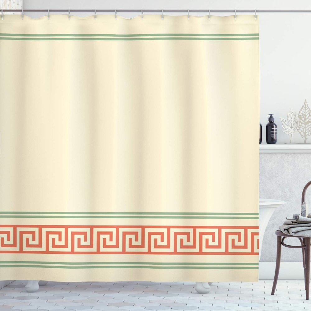 Ambesonne Abstract Shower Curtain, Simplistic Classic Greek Inspired Pattern in Monochrome Design, Cloth Fabric Bathroom Decor Set with Hooks, 69" W x 84" L, Ivory Green and Dark Salmon