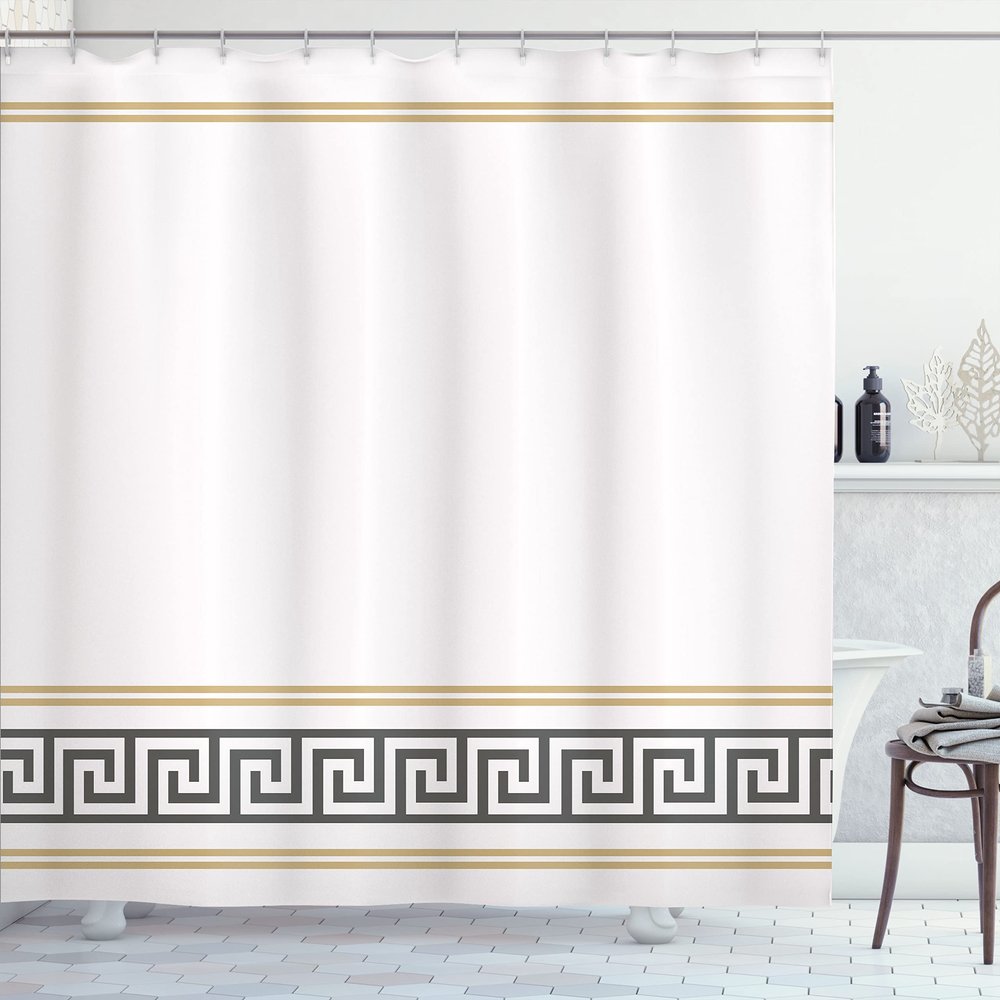 Ambesonne Abstract Shower Curtain, Simplistic Classic Greek Inspired Pattern in Monochrome Design, Cloth Fabric Bathroom Decor Set with Hooks, 69" W x 84" L, White and Ecru