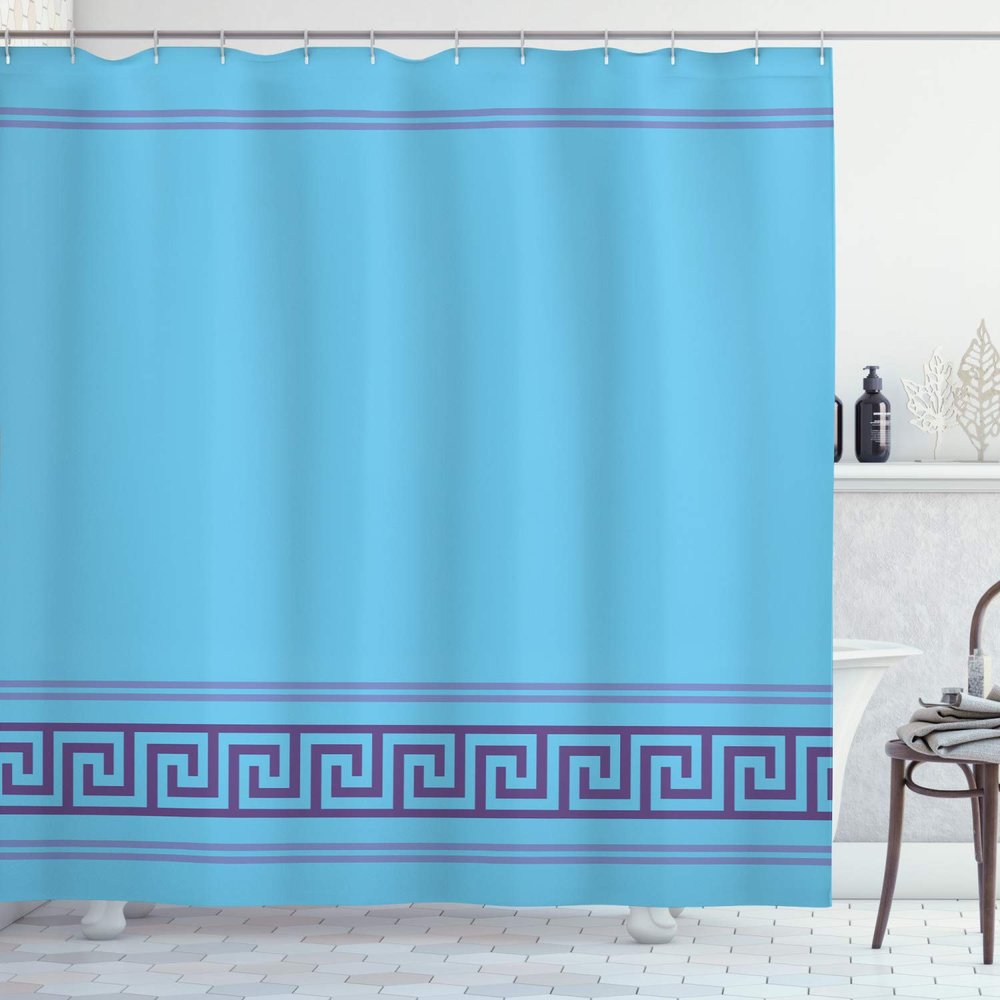 Ambesonne Abstract Shower Curtain, Simplistic Classic Greek Inspired Pattern in Monochrome Design, Cloth Fabric Bathroom Decor Set with Hooks, 69" W x 84" L, Violet and Sky Blue