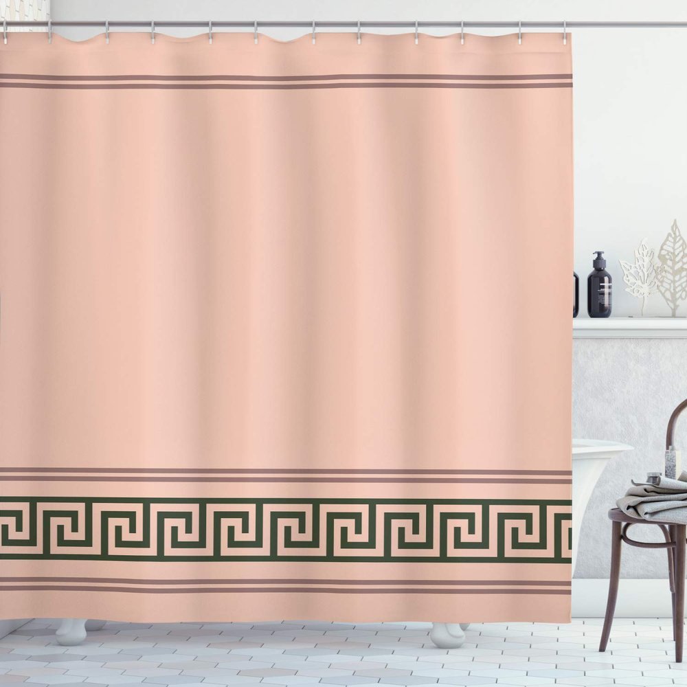 Ambesonne Abstract Shower Curtain, Simplistic Classic Greek Inspired Pattern in Monochrome Design, Cloth Fabric Bathroom Decor Set with Hooks, 69" W x 70" L, Blush Emerald and Grey Pink