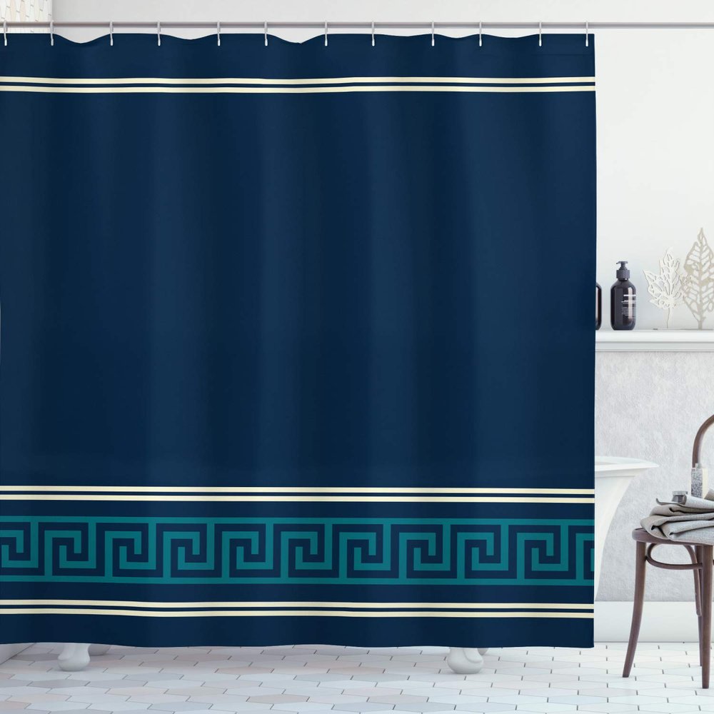 Ambesonne Abstract Shower Curtain, Simplistic Classic Greek Inspired Pattern in Monochrome Design, Cloth Fabric Bathroom Decor Set with Hooks, 69" W x 84" L, Dark Blue