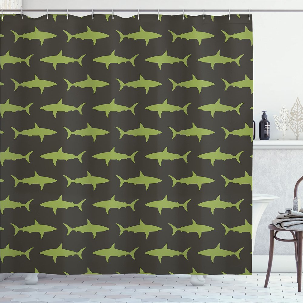 Ambesonne Sea Animals Shower Curtain, Sharks Swimming Horizontal Silhouettes Powerful Dangerous Wild Life, Cloth Fabric Bathroom Decor Set with Hooks, 69" W x 84" L, Brown Green