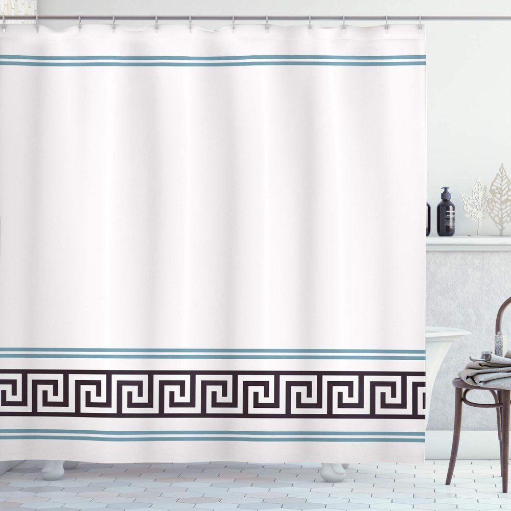 Ambesonne Abstract Shower Curtain, Simplistic Classic Greek Inspired Pattern in Monochrome Design, Cloth Fabric Bathroom Decor Set with Hooks, 69" W x 84" L, Cream Blue