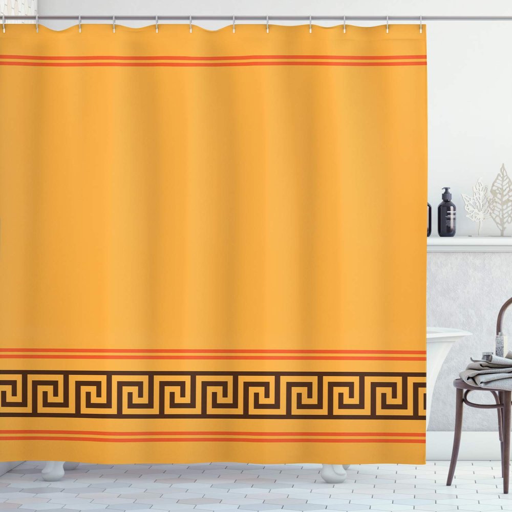 Ambesonne Abstract Shower Curtain, Simplistic Classic Greek Inspired Pattern in Monochrome Design, Cloth Fabric Bathroom Decor Set with Hooks, 69" W x 84" L, Orange Marigold and Brown