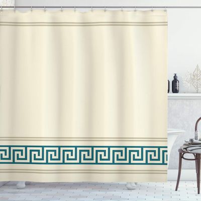 Ambesonne Abstract Shower Curtain, Simplistic Classic Greek Inspired Pattern in Monochrome Design, Cloth Fabric Bathroom Decor Set with Hooks, 69" W x 70" L, Ivory Petrol Blue and Tan