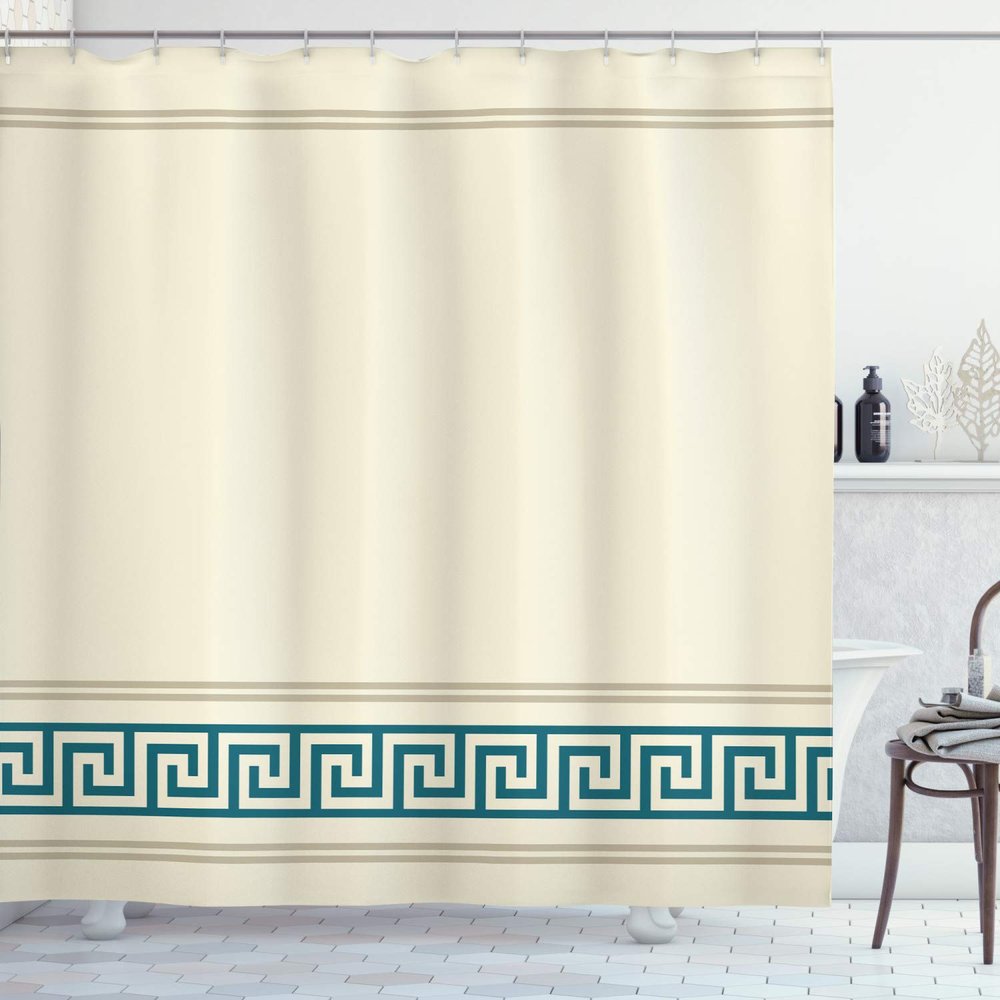 Ambesonne Abstract Shower Curtain, Simplistic Classic Greek Inspired Pattern in Monochrome Design, Cloth Fabric Bathroom Decor Set with Hooks, 69" W x 70" L, Ivory Petrol Blue and Tan
