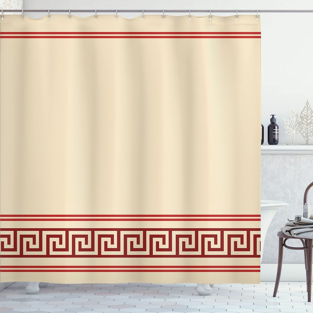 Ambesonne Abstract Shower Curtain, Simplistic Classic Greek Inspired Pattern in Monochrome Design, Cloth Fabric Bathroom Decor Set with Hooks, 69" W x 75" L, Red and Burgundy